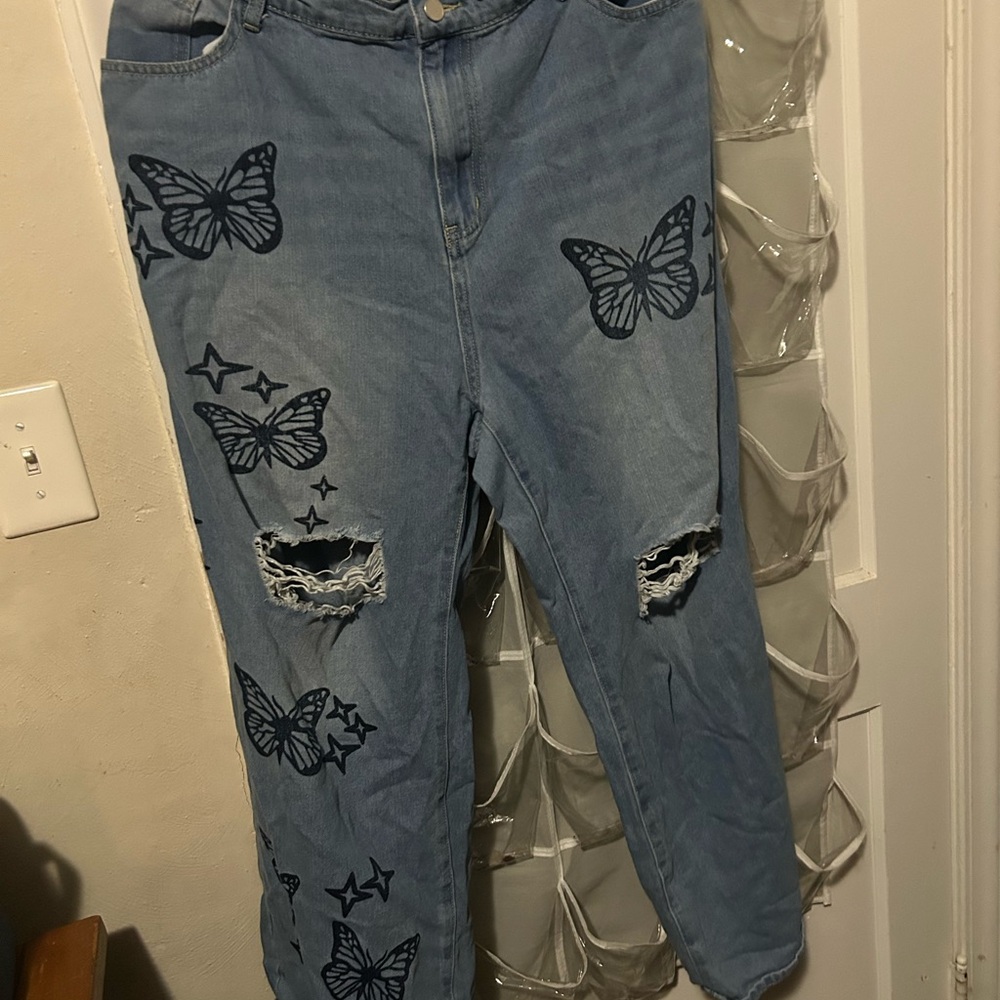 SHEIN Denim Blue Butterfly Flare Jeans